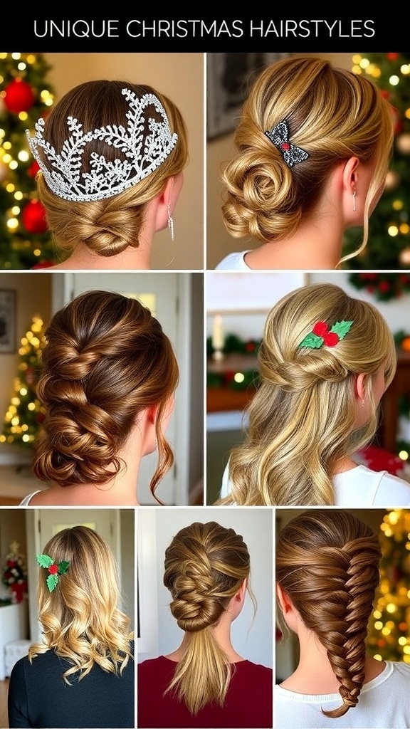 Collage of festive hairstyles for Christmas including braided crown, chignon, waves with clips, half-updo, and pinecone braid.